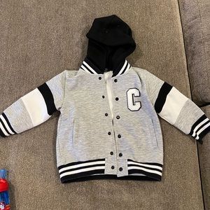 Kids Gray black and white toddler varsity jacket with c on it